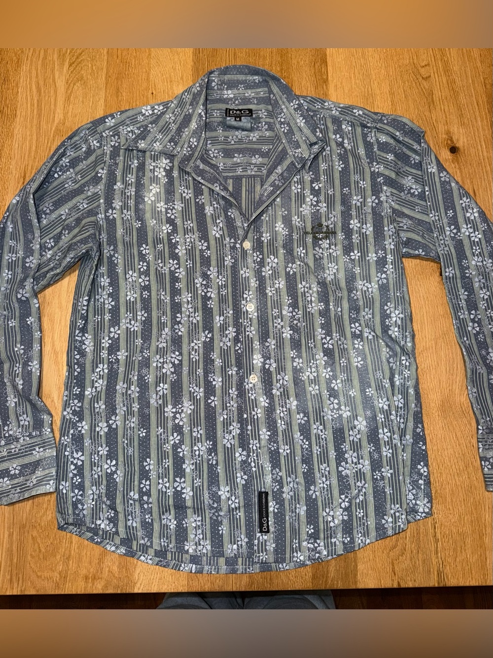 Dolce & Gabbana Blue and White Floral Stripe Button-Down Shirt